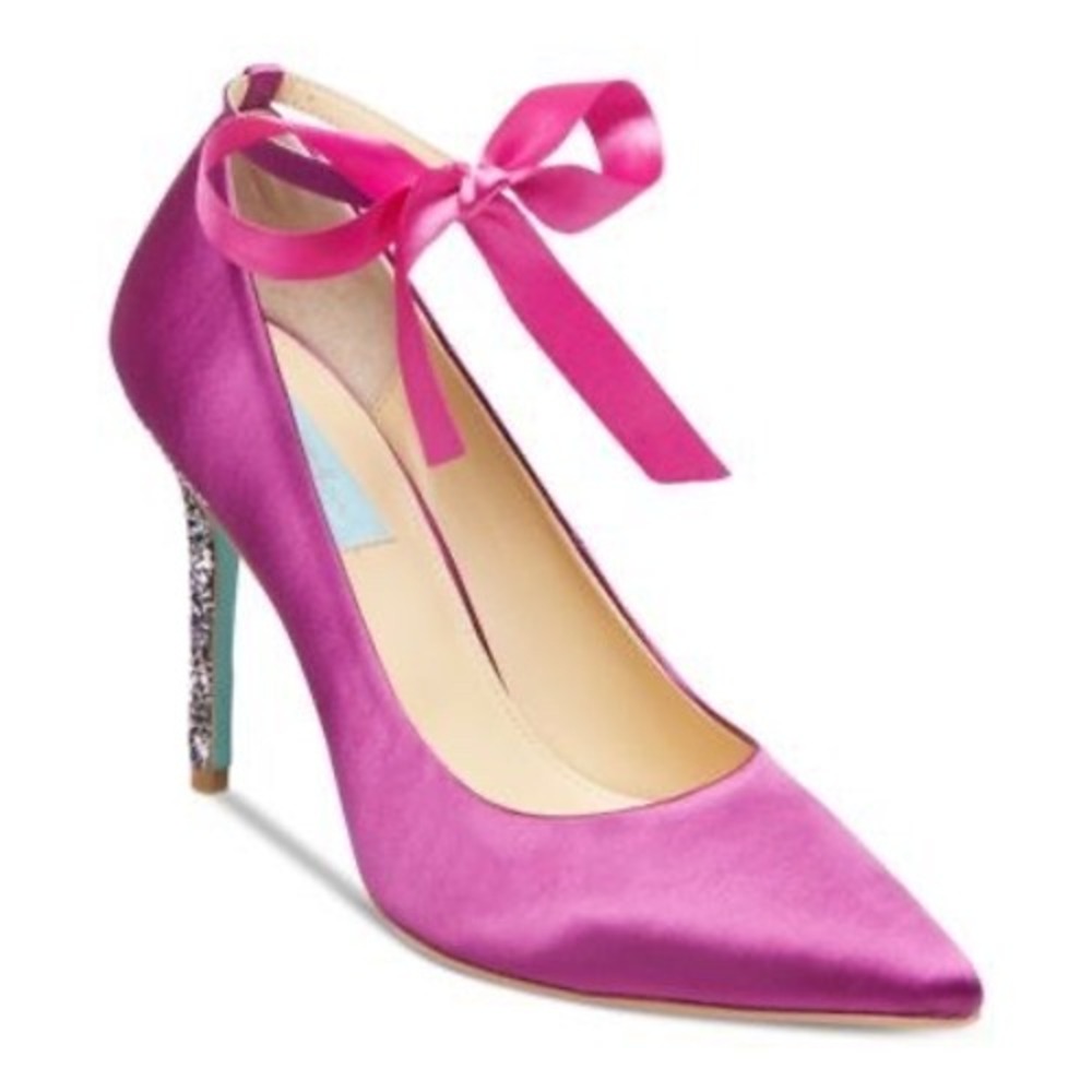 Betsey Johnson Bri Heels Fuchsia Satin Glitter Stiletto Heel Ankle Tie Women's 6